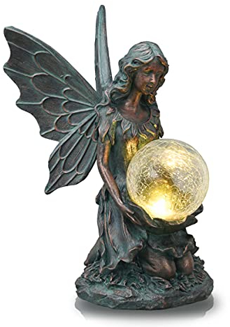 TERESA'S COLLECTIONS Gartendeko für draußen,Elfe Gartenfiguren Solar Glaskugeln Beleuchtung 26cm ElfenEngel Garten Figur Feen Statue aus Harz Solarfiguren Fee Fairy für Frauen, Geschenke