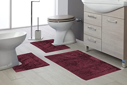 tappeto da bagno art. tenero morbido e folto assorbente con antiscivolo sotto vasca doccia lavabo lavandino bidet e wc water toilette 100% cotone (3 PEZZI (1PZ 50X80CM + 2PZ 50X40CM), BORDO')
