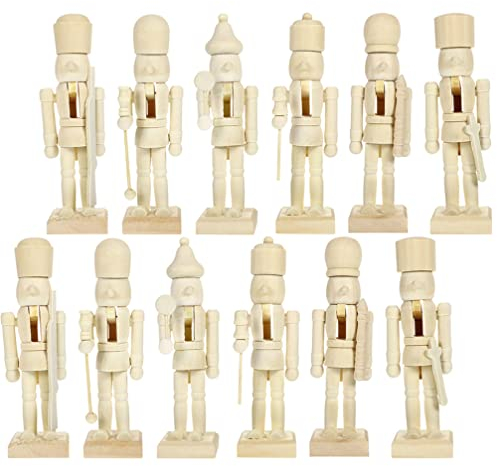 12Pcs Christmas Wooden Nutcracker Set, 13cm Unfinished Paint Your Own Soldier Figures for Paintable DIY Art Craft, Xmas Decor (Random Style)