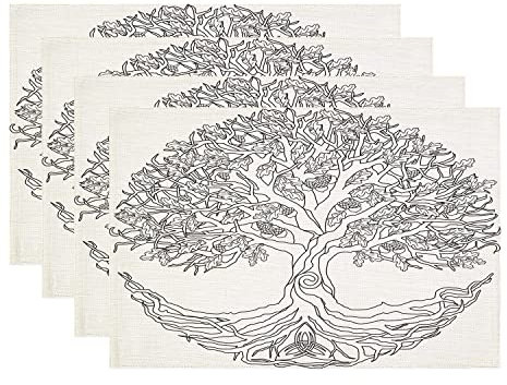Batmerry Simple Strokes of Trees Placemats,Balck and White Oak Tree of Life Washable Linen Table Mats for Kitchen Table Double Insulation Decor Dining Set Indoor Outdoor 12X18 In Set of 4