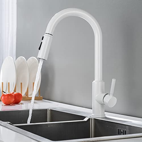 Robinet Cuisine avec Douchette Extractible, Mitigeur Cuisine Extractible Inox Eau Froide et Chaude Télescopique Robinet de Cuisine-Blanc