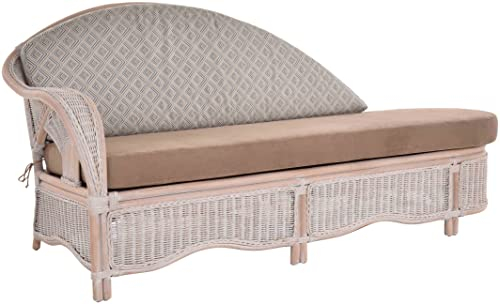 Krines Home Rattan Recamiere Palm Rattanmöbel Lounge Liege Chaiselongue Rattanliege mit Polster (Vintage Weiss, gemusterter Bezug, Links)