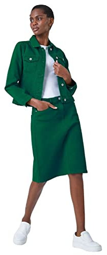 Roman Originals Jean Denim Jacket for Women UK Ladies 100% Cotton Summer Casual Stretch Crop Smart Utility Trucker Biker Fitted Vintage Wash Faded Classic Jeans Work Twill - Green - Size 12