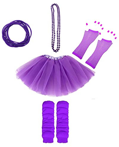Lizzy 5Pc Neon Costume (Leg Warmers + Fishnet Gloves + 3Layer Tutu + Beads Necklace + Gummy Bracelet) Set | 80s Neon Teen Fancy Dress Dance ware Hen Party Accessory (Purple, Older Girls)