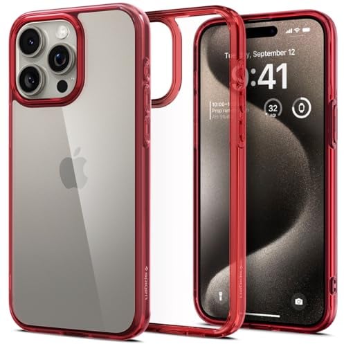 Spigen für iPhone 15 Pro Ultra Hybrid Hülle [Anti-Yellowing] Case Handyhülle Schutzhülle Cover Transparent Durchsichtig Dünn Slim -Deep Red