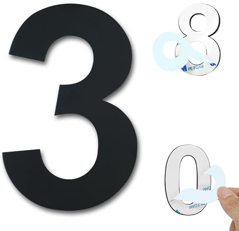 Ywonoby Hausnummern Selbstklebend, 6 inch Edelstahl Hausnummern Aufkleber, für Tür, Briefkasten, Außen, Anti-Friktion, Wetterfest, Schwarze Ziffer 3