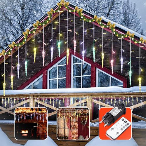 ZEWETO Eiszapfen Lichterkette Außen, 10m Eisregen Lichterkette 360 Leds IP44 Wasserdicht 8 Modi Lichterketten fur Innen Außen Weihnachten Party Tannenbaum Fenster Balkon Terrasse