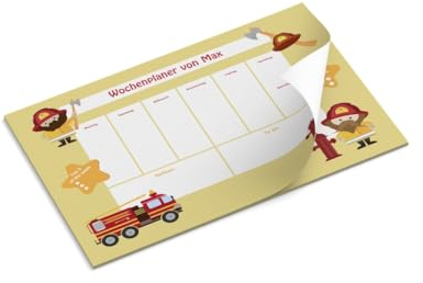 Schreibtischunterlage | personalisiert mit Name | Feuerwehr | Schreibunterlage | Kinder | DIN A3 | 50 Blatt | 29,7 x 42 cm | Geschenk | Einschulung | Wochenplaner | Malunterlage | gelb rot