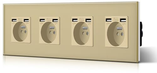 BSEED Prise de courant avec USB 2.1A, Prise Murale en verre cristal, Prise Encastrable pour Bureau Domicile 16Amp 240V 299mm Dore