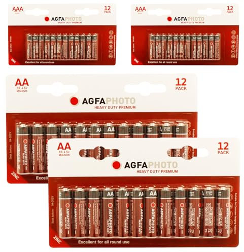 AgfaPhoto AA + AAA Batteries 48 Pack - Heavy Duty Premium Zinc Carbon 24 X AA 24 x AAA batteries 1.5v For Low drain devices | toys | fairy lights | household | remotes | Flashlights | Clocks |