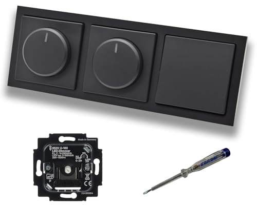 Busch Jäger 6523U-102 (2 x) LED Drehdimmer Dimmer + Dimmerscheiben 6540-885-102 + Kreuzschalter 2000/7 US in Future Linear schwarz matt + EBROM Phasenprüfer zur Montage der Geräte 6523 U – 102