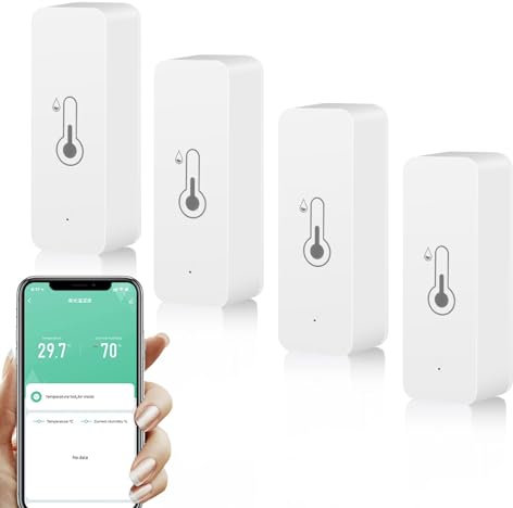 Jadeshay Termometro Igrometro WiFi,4 pezzi Sensore Temperatura e Umidità per Interni e Esterni con Notifica Tramite Tuya APP per Monitoraggio Remoto e Domotica,Compatibile con Amazon Alexa Google Home