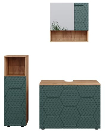 Vicco Badmöbel-Set Irma, Grün/Goldkraft Eiche 80 cm | besteht aus Waschbeckenunterschrank, Spiegelschrank und Midischrank