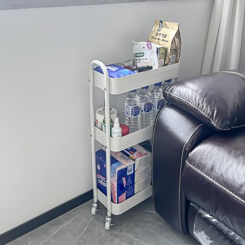 ZHYOCOGY Slim Metal Storage Trolley, Narrow Rolling Cart with Wheels, 18cm Wide Utility Rack for Bathroom, Kitchen, Laundry, Toilet Side, Carbon Steel Organizer with Mesh Baskets (White, 3 tTier)