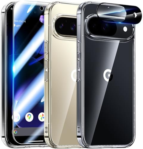 UniqueMe für Google Pixel 9 Hülle,5-in-1-Set Handyhülle für Google Pixel 9 Case Rundumschutz Schutzhülle Cover,1 Handyhülle & 2 Schutzfolie & 2 Kameraschutz -Transparent