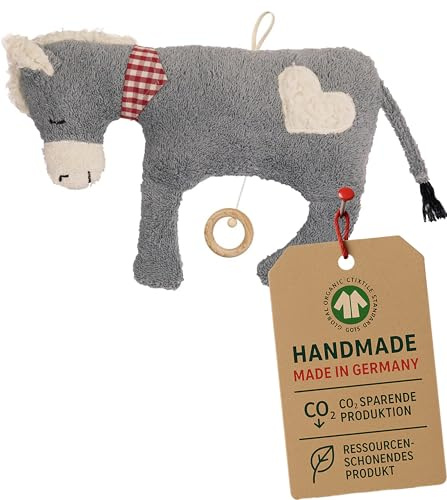 Efie Spieluhr Esel, Herz Applikation, kontrolliert biologischer Anbau (organic), Made in Germany, Melodie Mozarts Wiegenlied, (Schlafe mein Prinzchen, schlaf ein)
