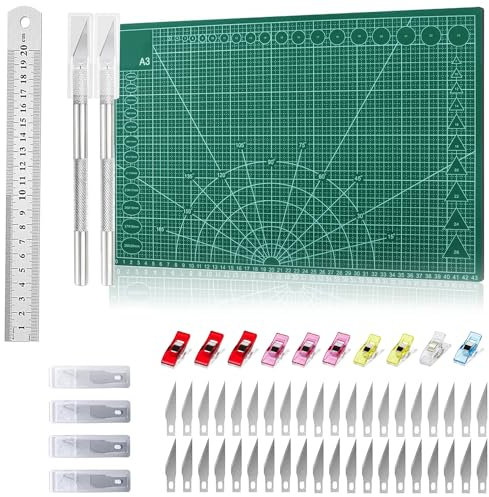 ELEpl Tapis de Decoupe Couture A3 Double Face Tapis Coupe Autocicatrisan Plaque Découpe avec Règle en Acier 2 Couteaux à Découper 42 Lames 10 Pince à Coudre Cutting Mat pour Bricolage Artisanat Dessin