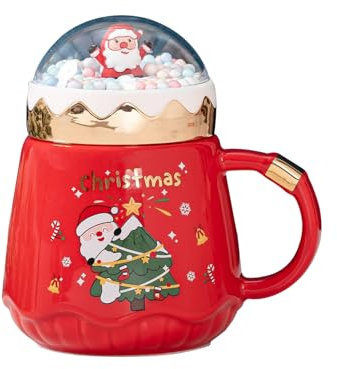 420ml Weihnachten Kaffeebecher mit Deckel und Löffel Tee Milch Kaffee Tasse mit Griff Mikrowelle sicher Keramik Tee Tassen Weihnachten Tassen für Frauen Männer Kinder (Rot)
