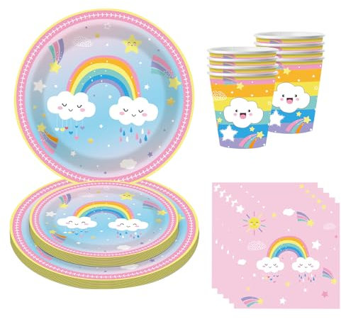 Rainbow 7inch 9inch Party Paper Dessert Cake Plates Cups Napkins 64 pcs Birthday Party Supplies Decorations 16 Guests