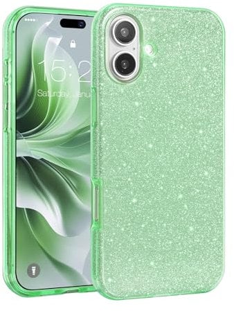 MATEPROX Compatible with iPhone 16 Case, Glitter Bling 3-Layer Shockproof Anti-Scratch Cover for Girl Women, Trendy Protective Case for iPhone 16 2024-Green