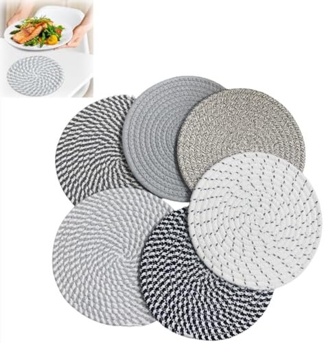 Coaster Set of 6, Woven Round Placemats Non Slip Soft Trivets for Hot Pots and Pans, Heat Resistant Table Mats Trivet for Kitchen Worktops 20cm