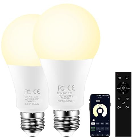AILEMING E27 LED Smart Glühbirne, 12W 1000lm, 2700-6500K Dimmbar, 100W Äquivalent, mit 2,4 GHz Fernbedienung, 2 Glühbirnen & 1 Fernbedienung