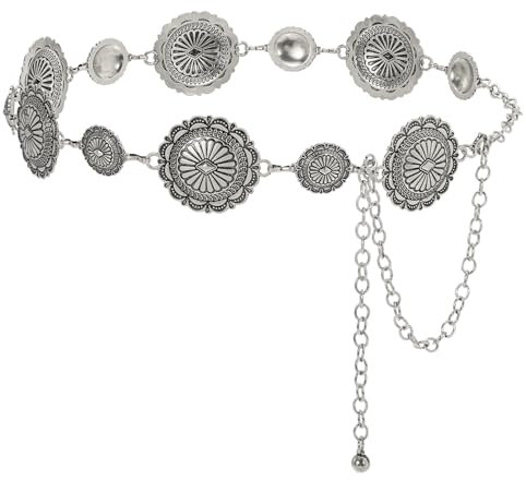 JasGood Damen Concho Taillenkettengürtel Mode Kettengürtel Taillenkette Taillengürtel Verstellbarer Metall Gürtel Gold Damen Western Cowgirl Gürtel für Kleider,Silber,130cm