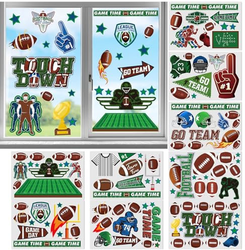 9 Sheets Football Window Clings Stickers Game Day Touch Down Rugby Jersey Helmet Double-Sided Window Art Seasons Decals for Sports Party School Car Home Office Refrigerator (Football)
