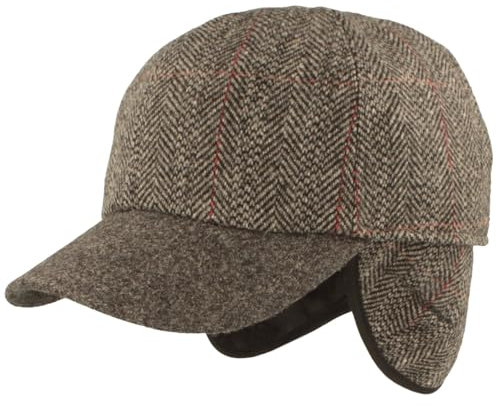 Breiter Winter Baseballcap Schirmmütze Baseball Kappe ausklappbarem Ohrenschutz Basecap aus Wolle - Grau Fischgrät Karo 60