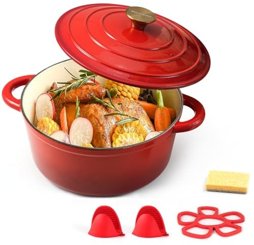 Parmedu Cocotte En Fonte Avec Couvercle : Petit Cocotte En Fonte Émaillée De 2.5 L, Batterie De Cuisine Robuste Pour Toutes Les Tables De Cuisson, Braisage, Ragoûts, Rôtis, Cuisson Du Pain, Rouge