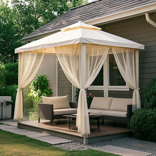BTTO Rideaux d'extérieur, Lot de 2 Rideau Voilage Moustiquaire Exterieur Lumière Filtrer Transparent avec Bricolage Réglable pour Patio, Jardin, Gazebo, Beige, L160 X H305 cm