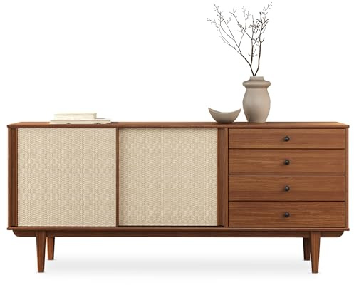 IDIMEX Sideboard Simona mit Rattan-Geflecht 175cm, kastanien Optik – 4 Schubladen und 2 Schiebetüren, Flurkommode mit Einlegeboden, Wohnzimmer