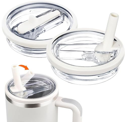 Poraceous 2 Pcs Tapas para Stanley Cup, Tapa a Prueba De Fugas para Stanley Cup 40 oz, con 2 Pajillas, Reutilizables, Taza con Tapas de Repuesto, Accesorios Stanley Cup Tapas de Repuesto, Beige
