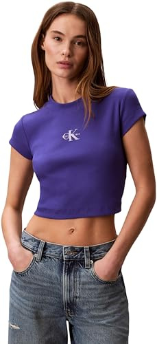 Calvin Klein Damen T-Shirt Kurzarm Monologo Baby Rib Slim Fit