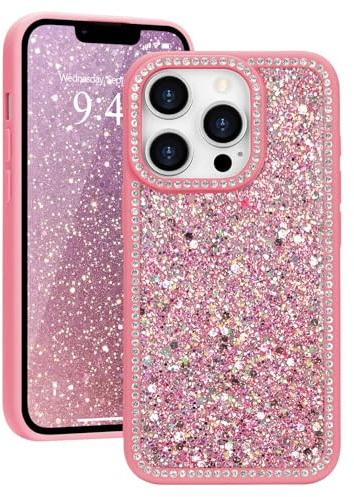 Ethanger Glitter Rhinestone Crystal Case for iPhone 13 pro max, Hot pink | Glamorous Sparkling Back, Aesthetic Bling Diamond Cover, for Women Girls, Shockproof Protective Phone Case