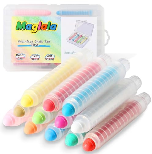 maglala 12 Pcs Dustless Chalk Pens, Non-Toxic Washable Colored Chalk for Kids, Wet Wipeable, Ideal for Outdoor Art & Blackboard Drawing