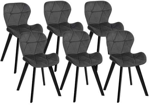 IDMarket - Lot de 6 chaises ROBINE en Velours Gris foncé Pieds Noirs