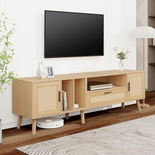 Espacioso armario de TV de 180 cm con decoración de ratán. 2 puertas y un cajón. Patas de madera maciza. Puede acomodar un televisor de 80 pulgadas. Armario de almacenamiento de televisión. Mueble de