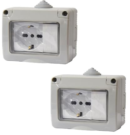 2 Kit Cassetta Elettrica IP55 Con Sportellino, 3 Moduli Presa Schuko P40 10/16A + Interruttore, Kit Scatola Elettrica Pronta, Montaggio Da Muro Parete Esterno