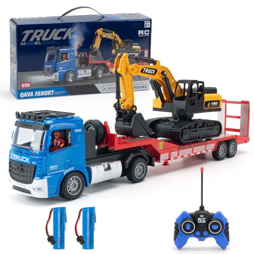 X-Verse Camión plano teledirigido de 2,4 GHz y excavadora de juguete, tractora RC con sonido y luces, adecuado para vehículos de construcción para niños, 3 baterías (azul)