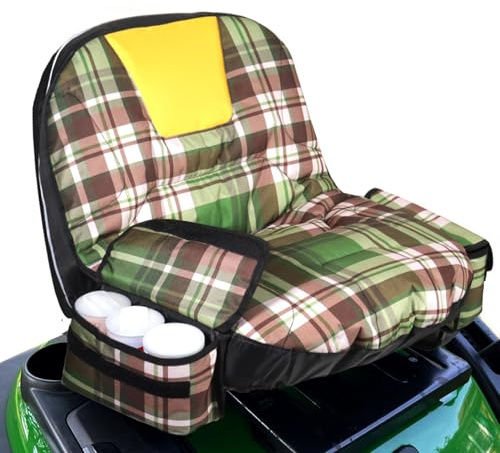Tsawntd Tractor Seat Cover, Universally Lawn Mower Seat Cover for Riding Mowers, Water-Resistant 600D Oxford Fabric, Green Yellow Plaid Design