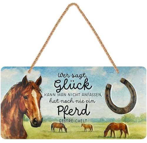 LANOLU retro Blechschild, Spruch Schild Pferd Glück anfassen, Geschenk für Pferdebesitzer Reiterin Stallbesitzer, geprägt gestanzt mit Jutekordel, 16x32 cm