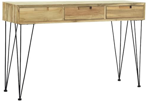 KKgypkn Table console avec 3 tiroirs en teck massif et pieds en fer forgé comme table de rangement de style colonial, dimensions 120 x 35 x 76 cm