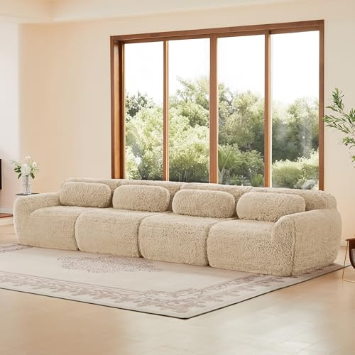 vutizal Ecksofa Sofa Couch 4 Sitzer modulares Schlafsofa mit Schlaffunktion ohne Montage, XXL Wohnlandschaft Plüschstoff 32D Schaum haustierfreundlich für Wohnzimmer Jugendzimmer, Beige