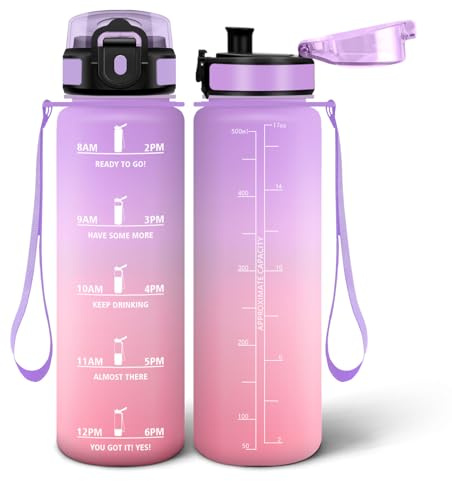 Motswedi Borraccia 500 ml, Borraccia Sportiva, a Prova di Perdite Bottiglia acqua, Include Spugna di Pulizia, Motivazionale Bottiglia Plastica - Lilla Tenue & Rosa Chiaro