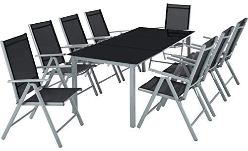 TecTake® Conjunto Muebles Jardín Exterior 9 Piezas, Estructura de Aluminio, Mesa y Sillas Terraza Impermeables, Resistentes a Intemperie, Sillas Plegables y Reclinables, Tela Transpirable - Antracita