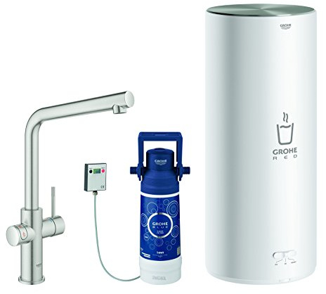 GROHE Red Duo Kitchen Tap (L-Spout) with Filter Set and L Size Boiler for Instant Kettle-Hot Water Matte Stainless Steel Look A-Rated Energy Efficiency and Safety Features 30340DC1