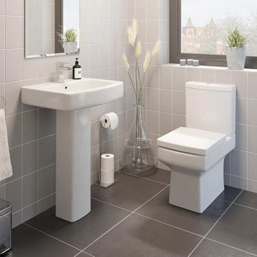 Affine® Royan Cloakroom Bathroom Suite Close Coupled Toilet WC Dual Flush Cistern Basin Full Pedestal Soft Close Freestanding Modern White Gloss