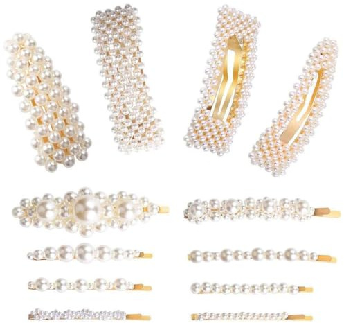 Pearl Hair Clips for Girls Women Ladies, 12pcs Pearl Barrettes/Bobby Pins/Snap Clip/Hair Slides for Prom Party Wedding, Elegant Handmade Hair Accessories,White & Gold