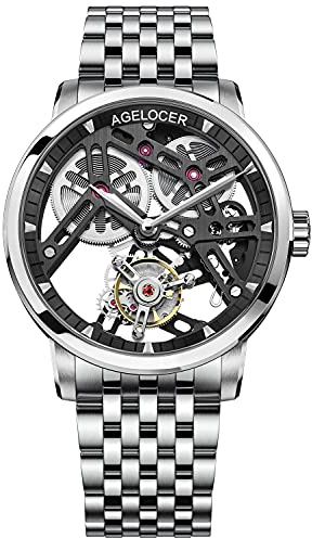 agelocer Herren-Armbanduhr, doppelseitig, hohl, Tourbillon, handbetrieben, mechanisch, Edelstahl, luxuriös, analog, Nk_9001a9, Armband